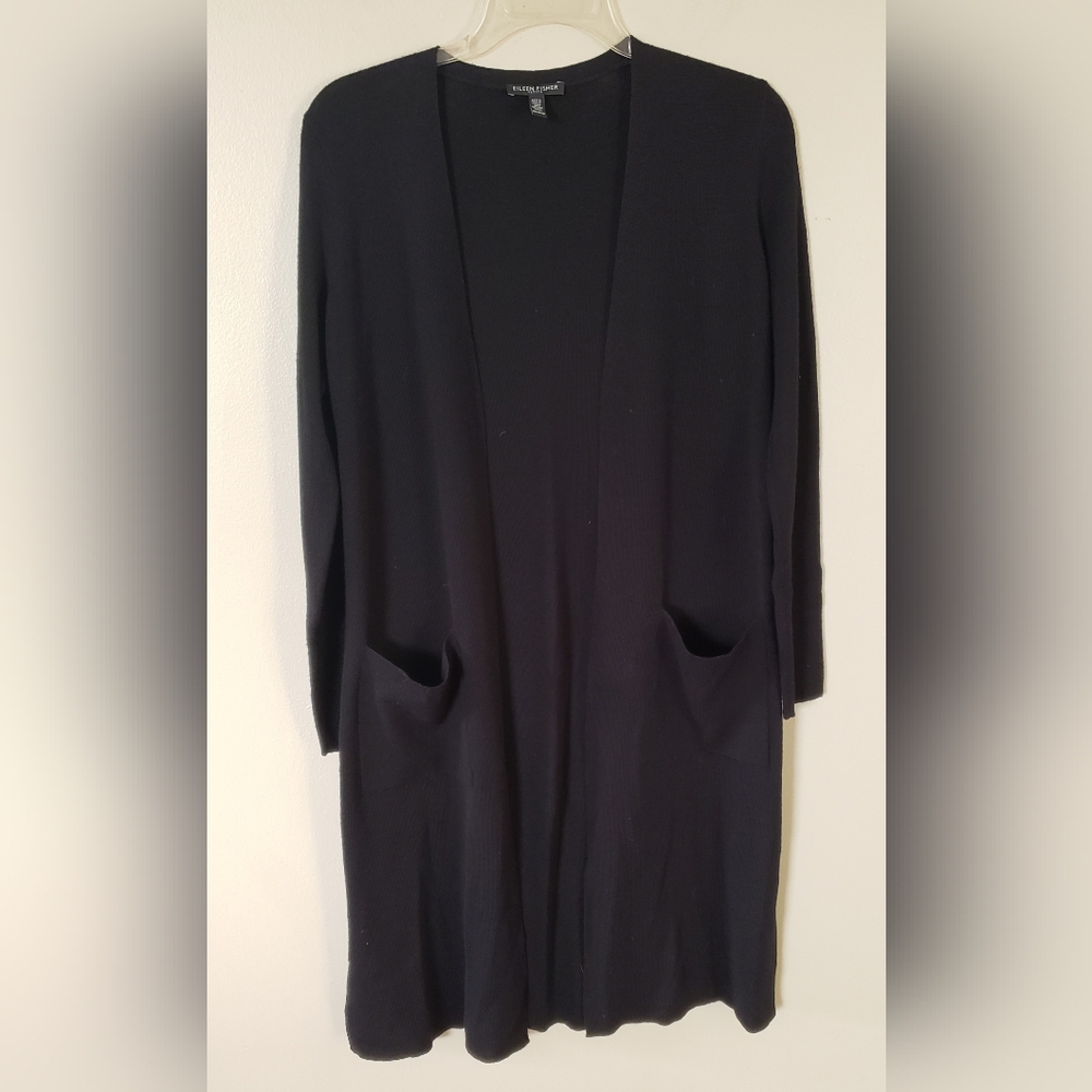 Eileen Fisher 100% Merino Wool Women's Black Long Cardigan Sweater Size Petite